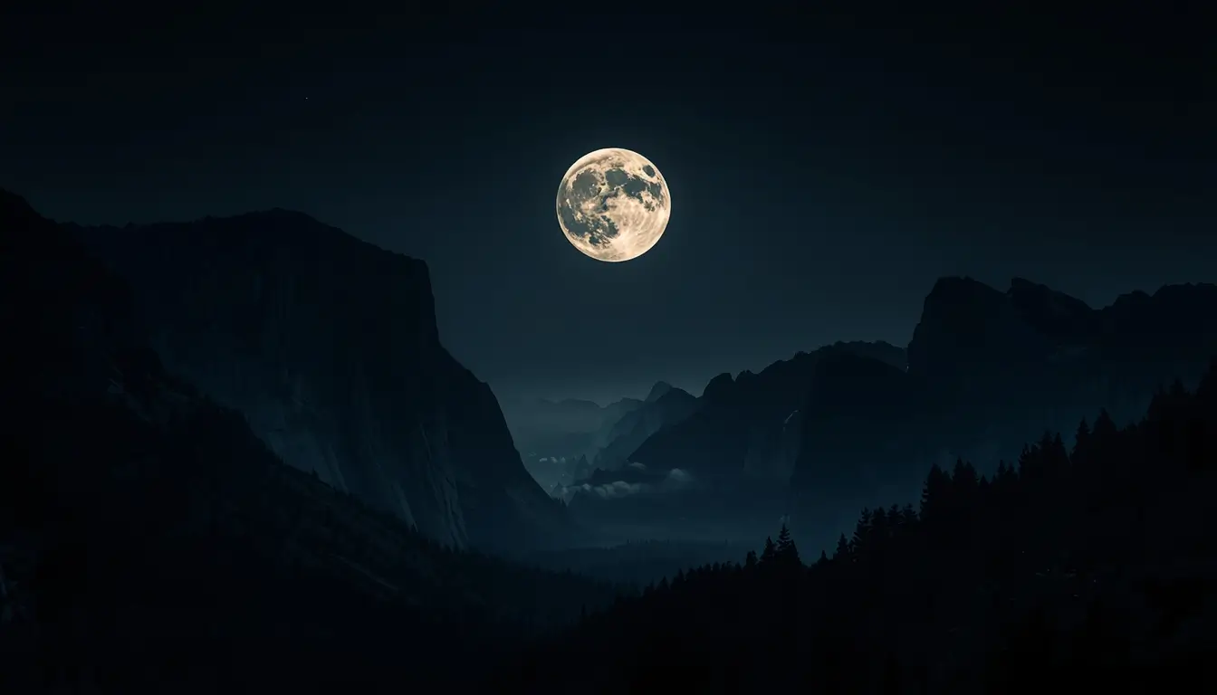 Bright full moon over dark mountain valley landscape dark-amoled-wallpaper with deep black sky perfect for OLED and AMOLED displays.