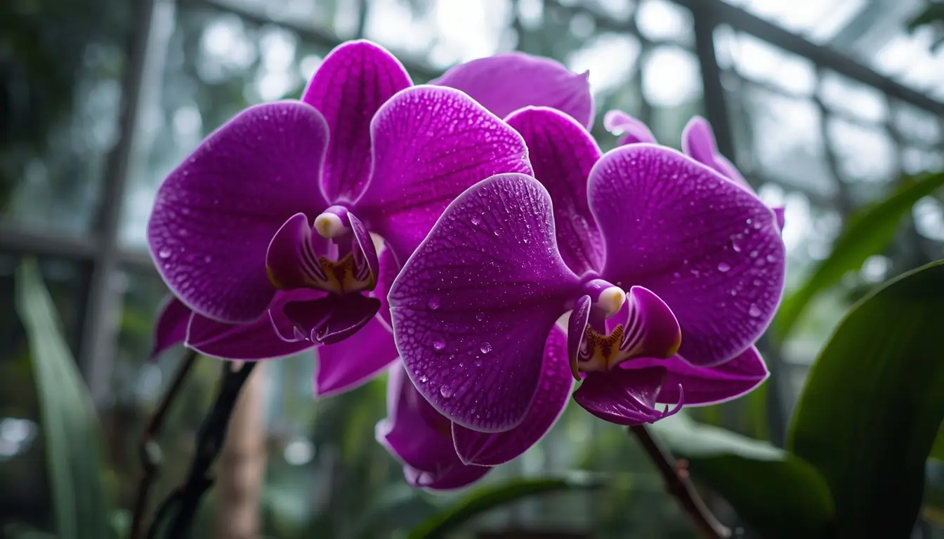 Macro purple orchid flowers with water droplets aesthetic purple flower wallpaper for phone and desktop background