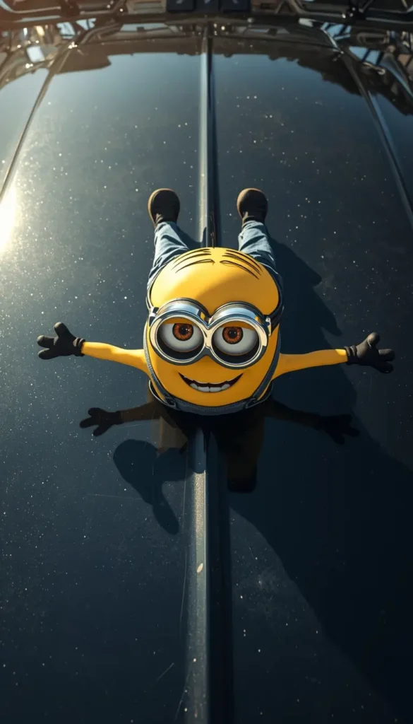 Funny Minion sliding on a shiny car roof with arms wide creating a playful funny minion wallpapers background for desktop screens.