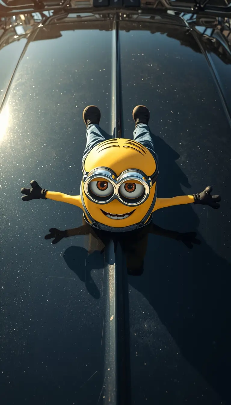 Funny Minion sliding on a shiny car roof with arms wide creating a playful funny minion wallpapers background for desktop screens.