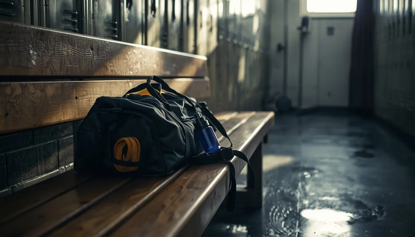 Gym motivation wallpaper showing a gym bag on a locker room bench with soft light symbolizing preparation and fitness routine