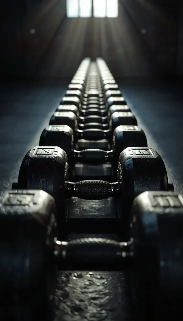 Gym motivation wallpaper showing a long row of dumbbells under dramatic light symbolizing strength discipline and fitness training