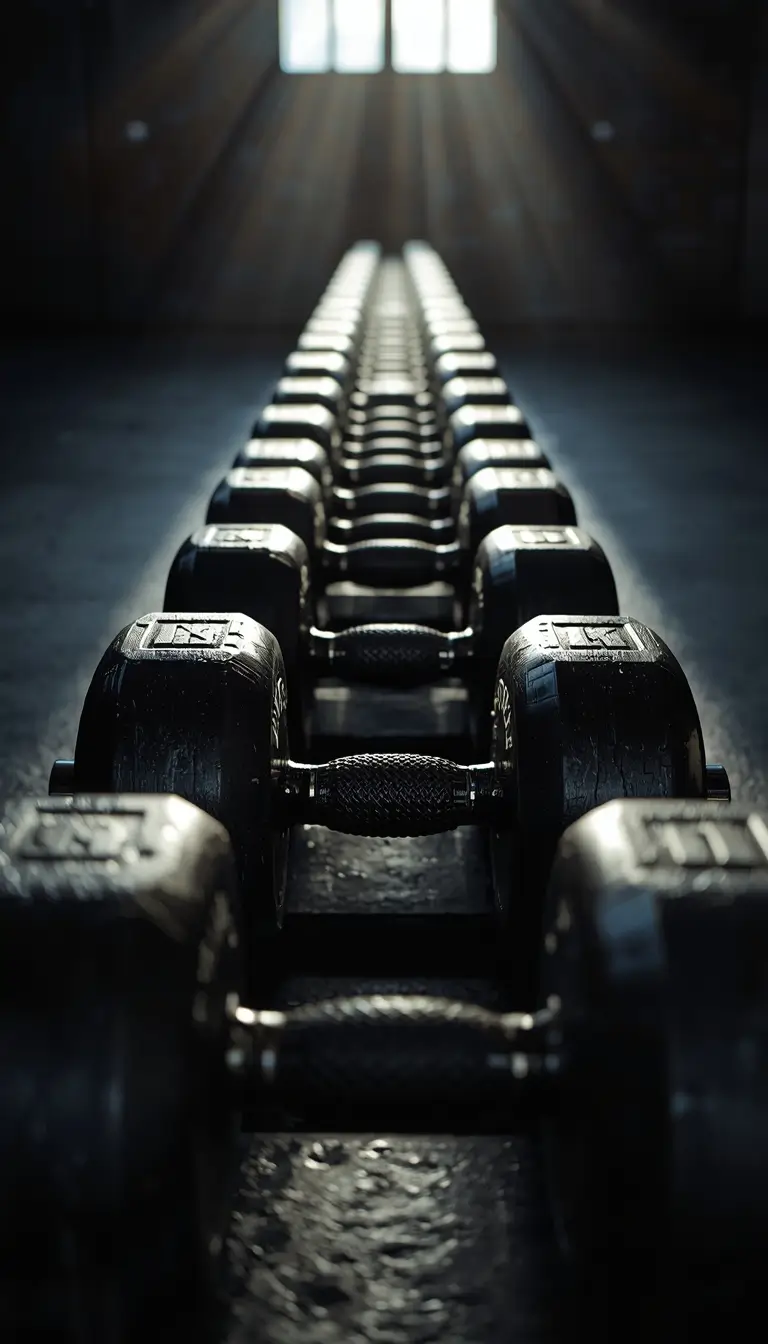 Gym motivation wallpaper showing a long row of dumbbells under dramatic light symbolizing strength discipline and fitness training