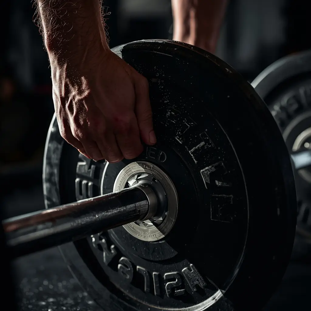 Gym motivation wallpaper showing a hand loading weight plates onto a barbell representing strength preparation and workout focus