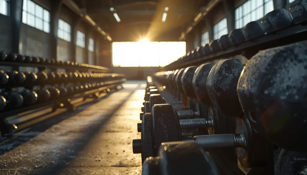 Gym motivation wallpaper showing rows of dumbbells in a sunlit fitness gym creating a powerful motivational workout atmosphere