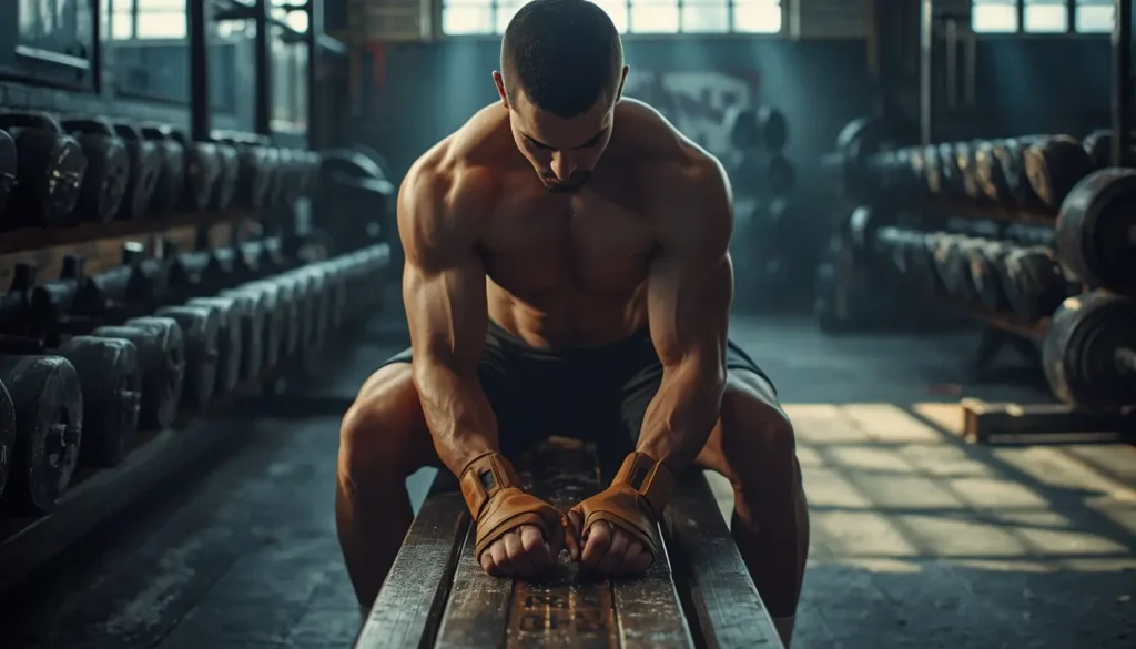 Gym motivation wallpaper showing a focused athlete sitting in a gym surrounded by dumbbells preparing mentally for a workout