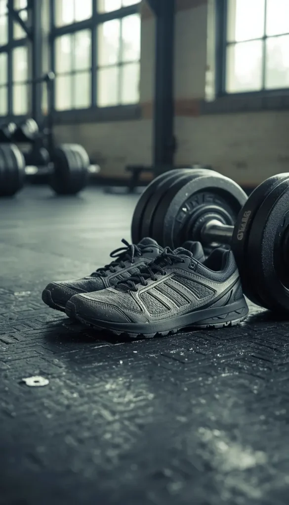 Gym motivation wallpaper showing training shoes and dumbbells on a gym floor representing fitness dedication and workout preparation