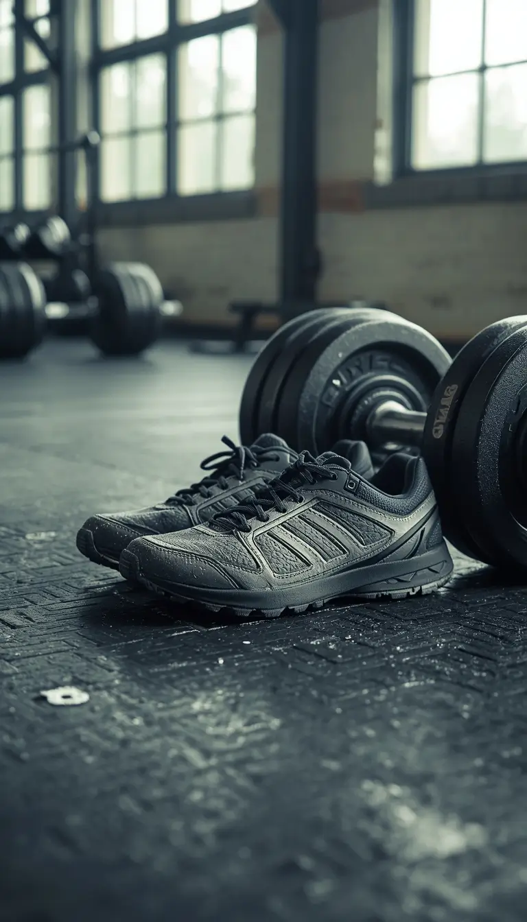 Gym motivation wallpaper showing training shoes and dumbbells on a gym floor representing fitness dedication and workout preparation