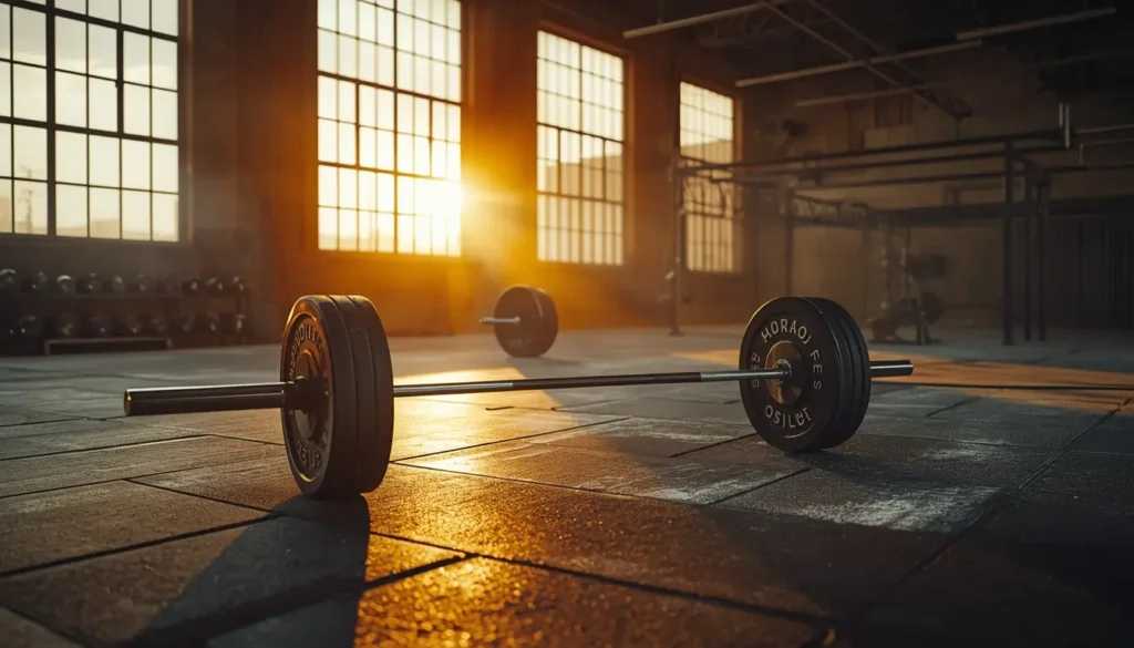Gym motivation wallpaper showing a barbell on a gym floor with warm sunrise light creating a powerful workout atmosphere