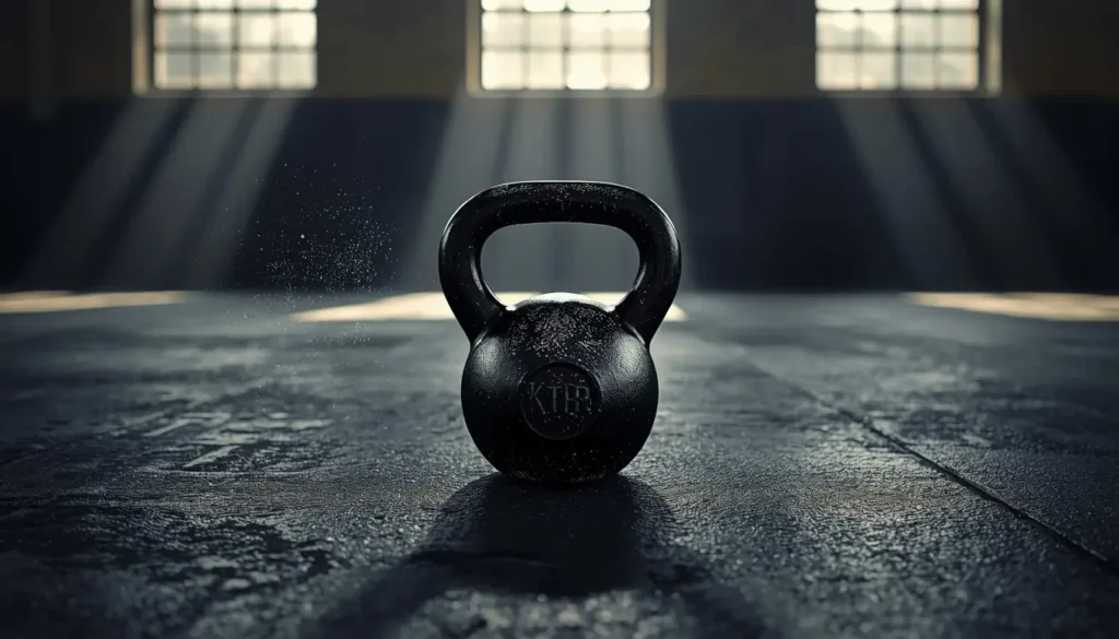 Gym motivation wallpaper showing a kettlebell on a gym floor with dramatic sunlight creating a powerful fitness training atmosphere