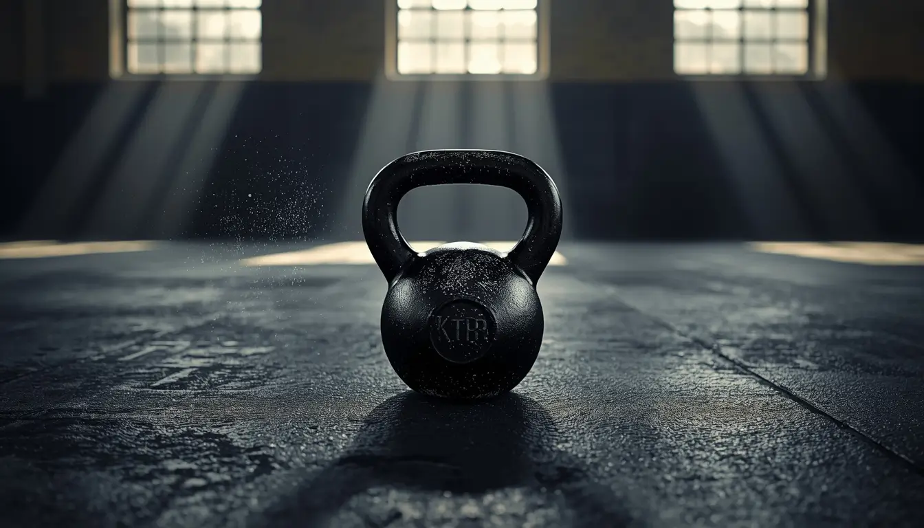 Gym motivation wallpaper showing a kettlebell on a gym floor with dramatic sunlight creating a powerful fitness training atmosphere