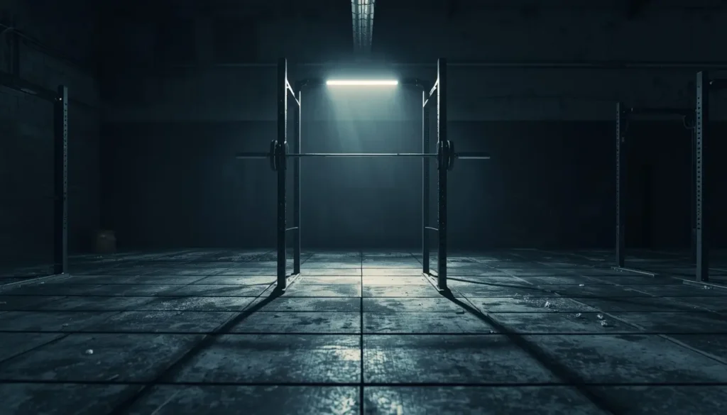 Gym motivation wallpaper showing a dark gym with a squat rack under dramatic lighting creating a focused workout atmosphere