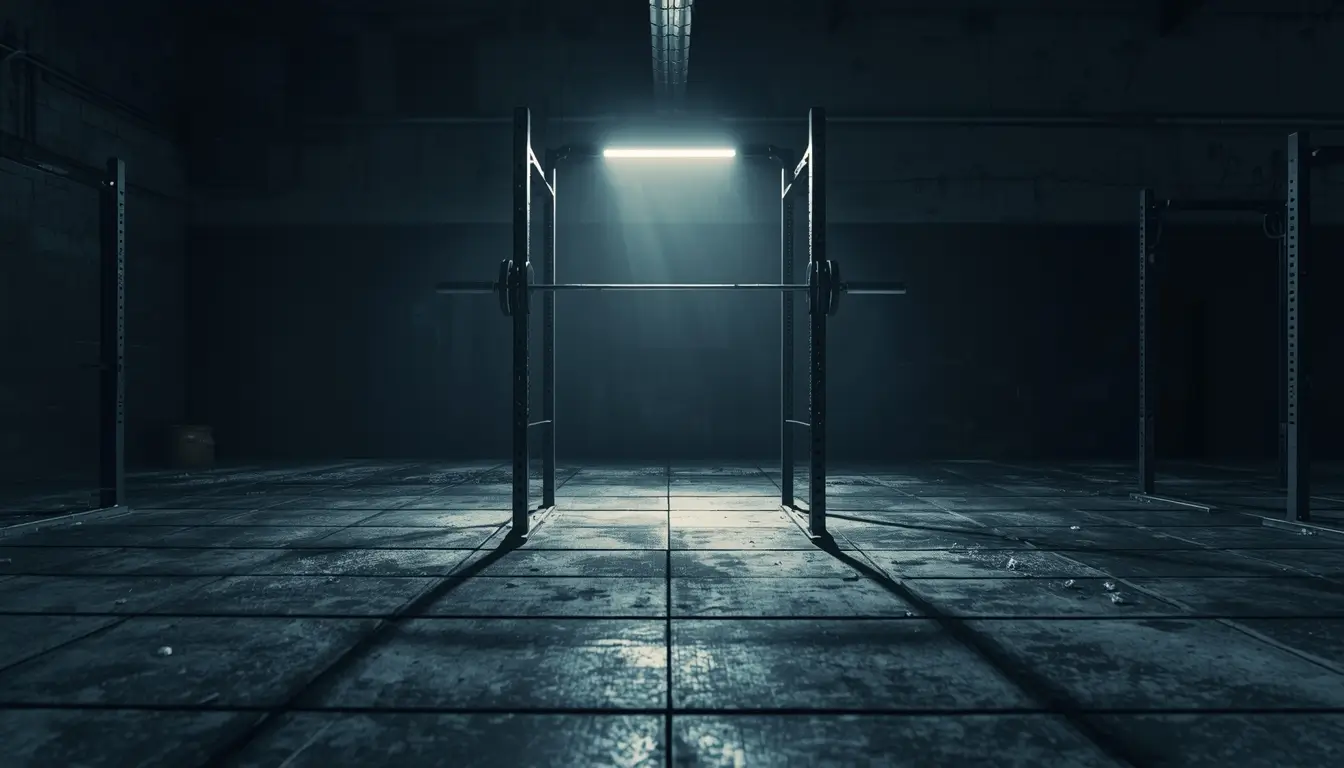 Gym motivation wallpaper showing a dark gym with a squat rack under dramatic lighting creating a focused workout atmosphere