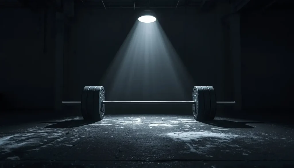 Gym motivation wallpaper showing a heavy barbell under a spotlight in a dark gym symbolizing strength and dedication