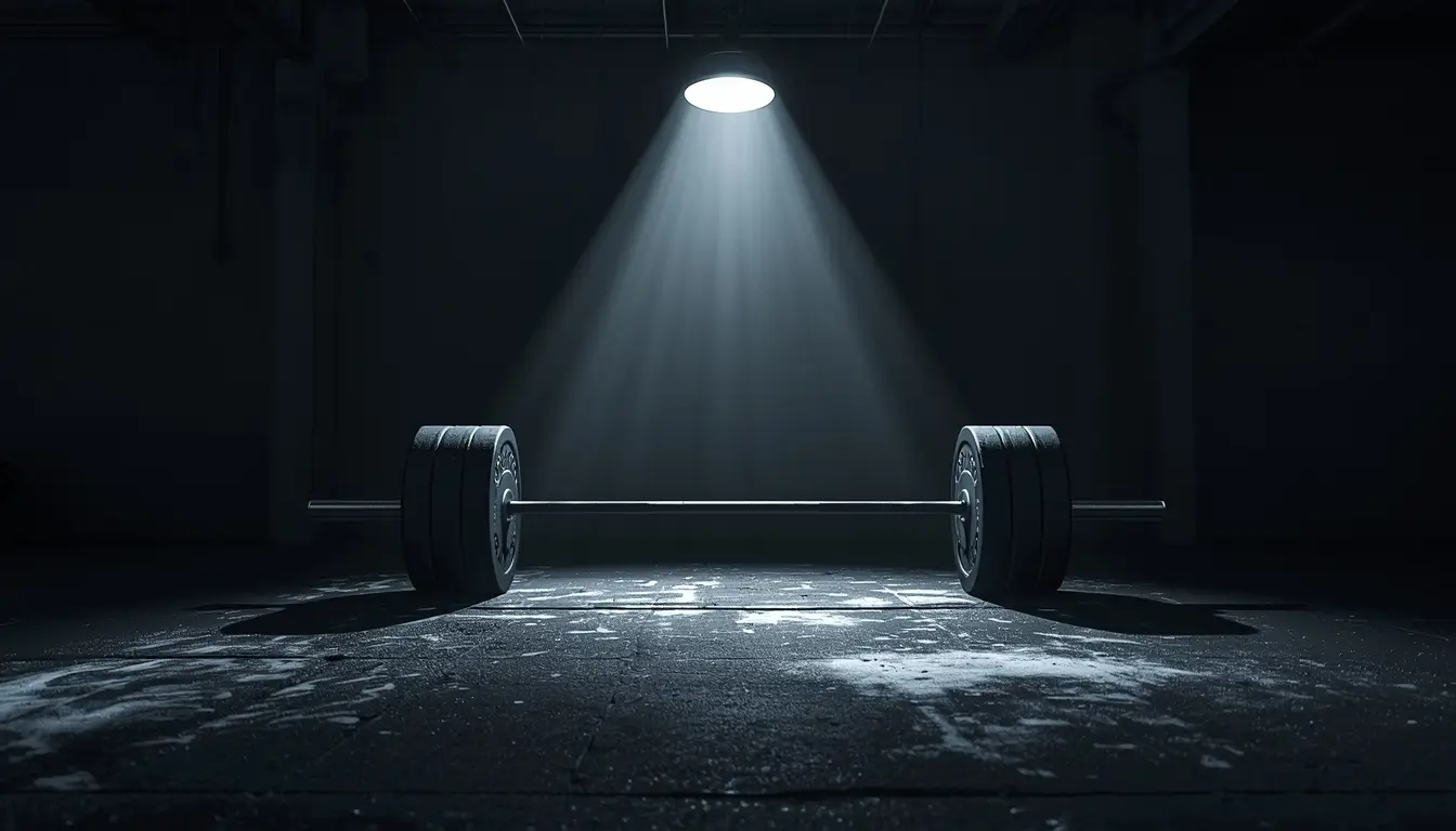 Gym motivation wallpaper showing a heavy barbell under a spotlight in a dark gym symbolizing strength and dedication
