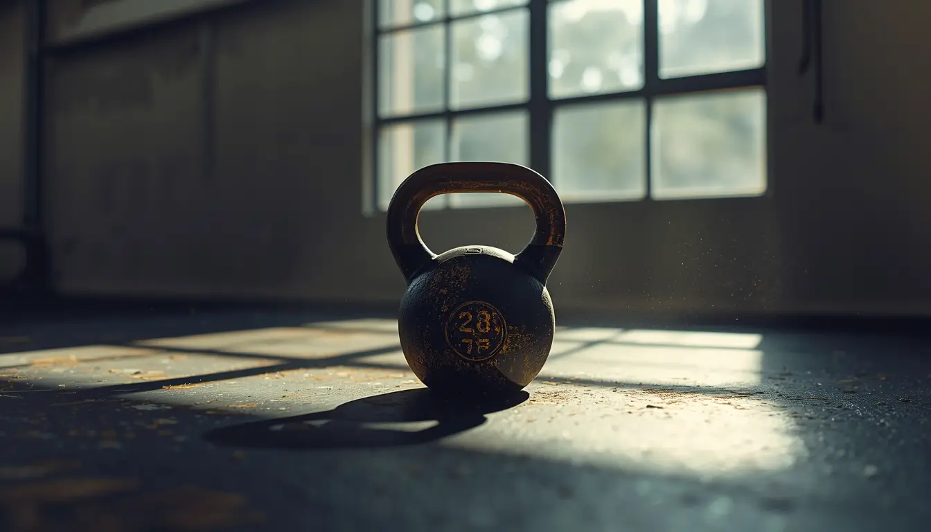 Gym motivation wallpaper showing a kettlebell in soft sunlight inside a gym symbolizing focus discipline and fitness dedication