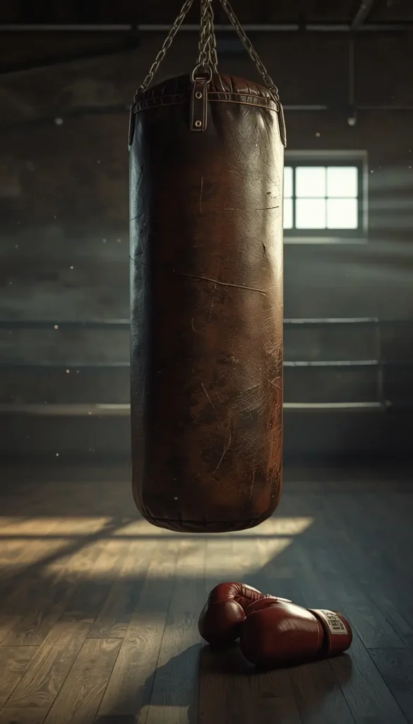 Gym motivational wallpaper showing a heavy punching bag and boxing gloves inside a dramatic training gym atmosphere