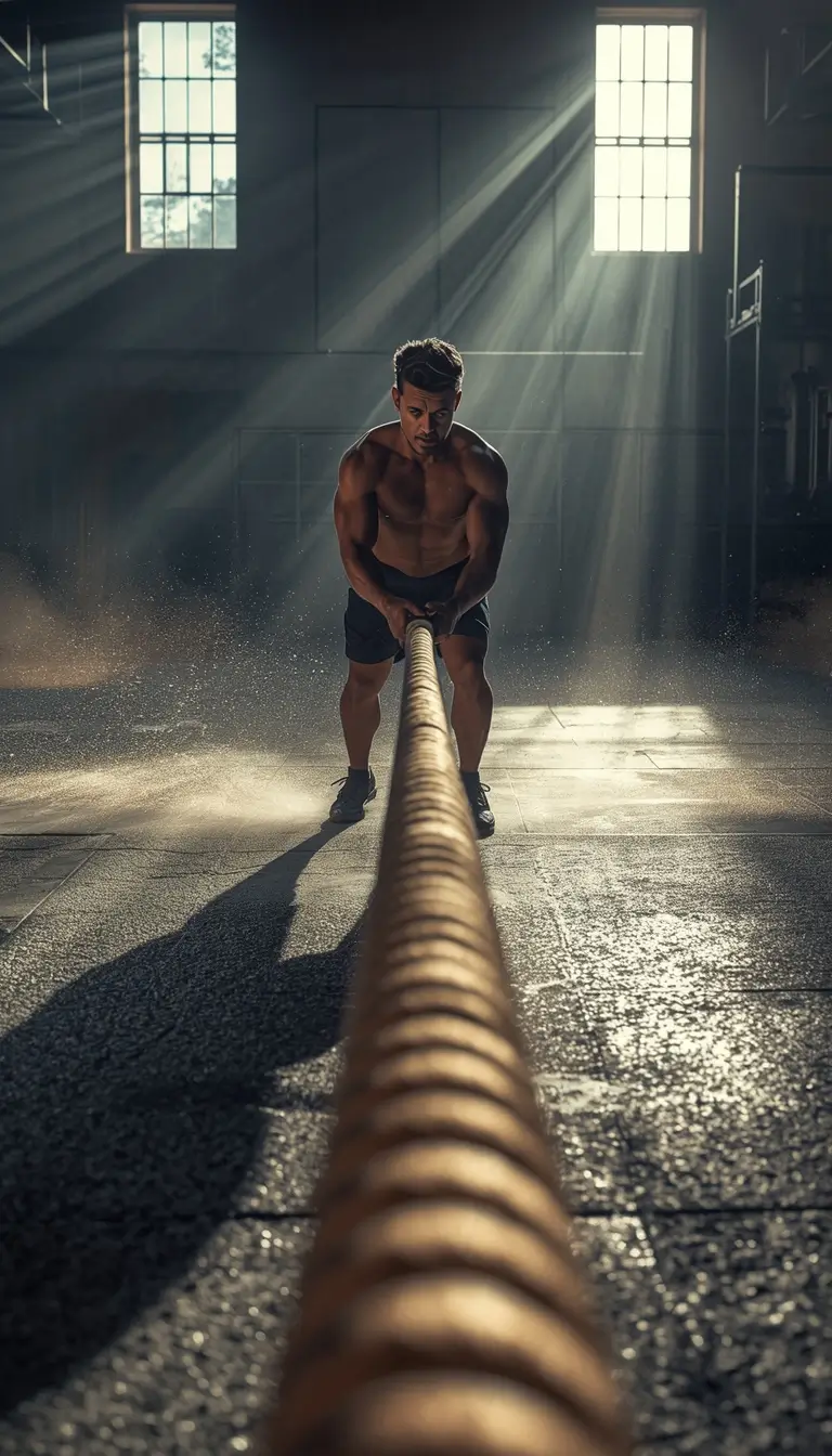 Gym motivational wallpaper showing an athlete performing intense battle rope workout in a dramatic gym training environment