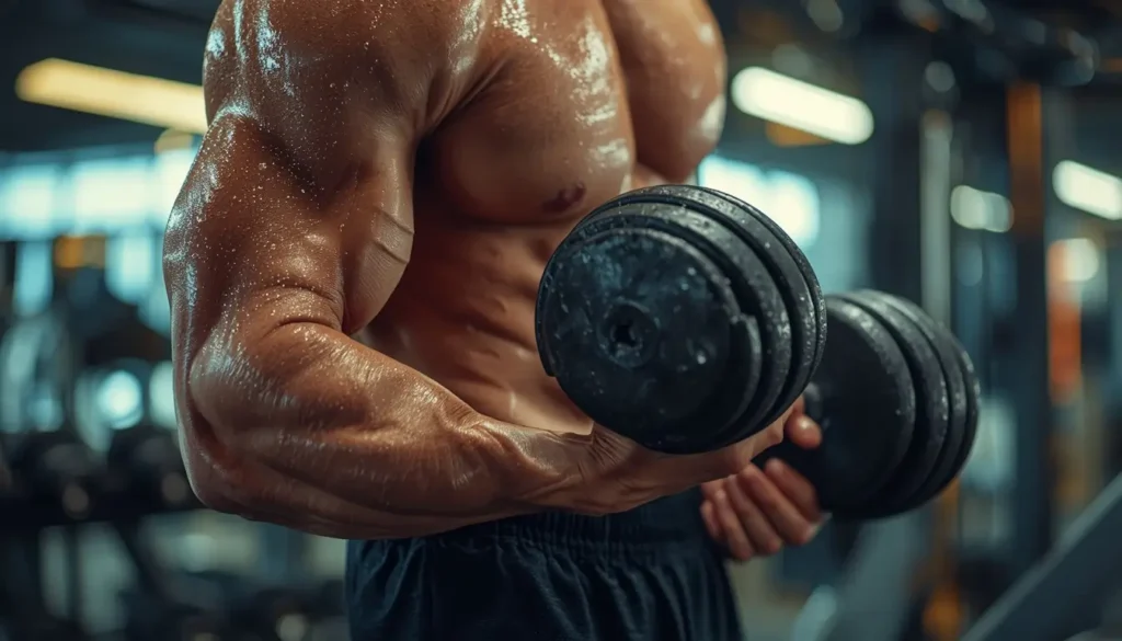 Gym motivational wallpaper showing a muscular athlete performing a heavy dumbbell workout in a fitness gym environment