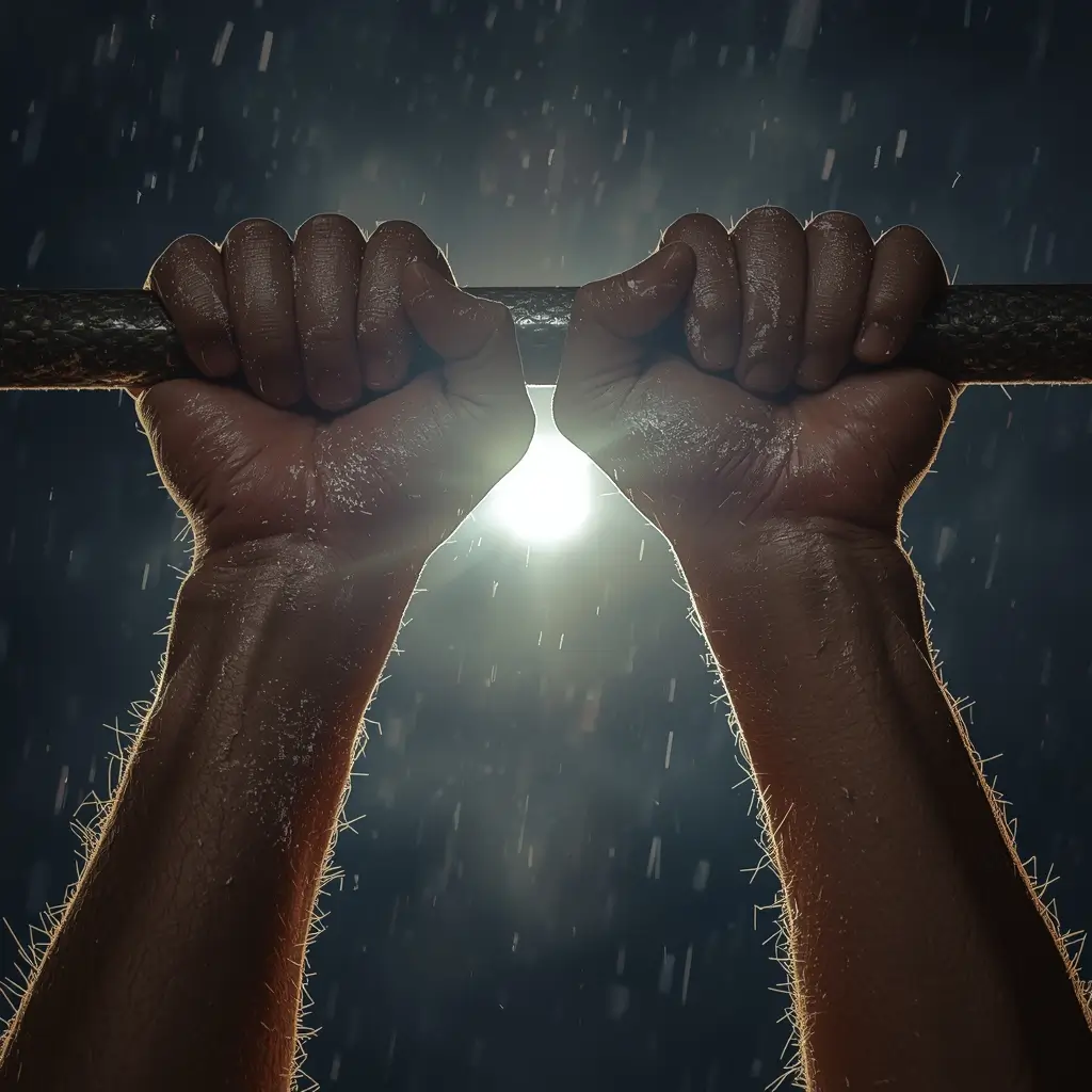 Gym motivational wallpaper showing strong hands gripping a bar under rain with dramatic lighting symbolizing strength and determination