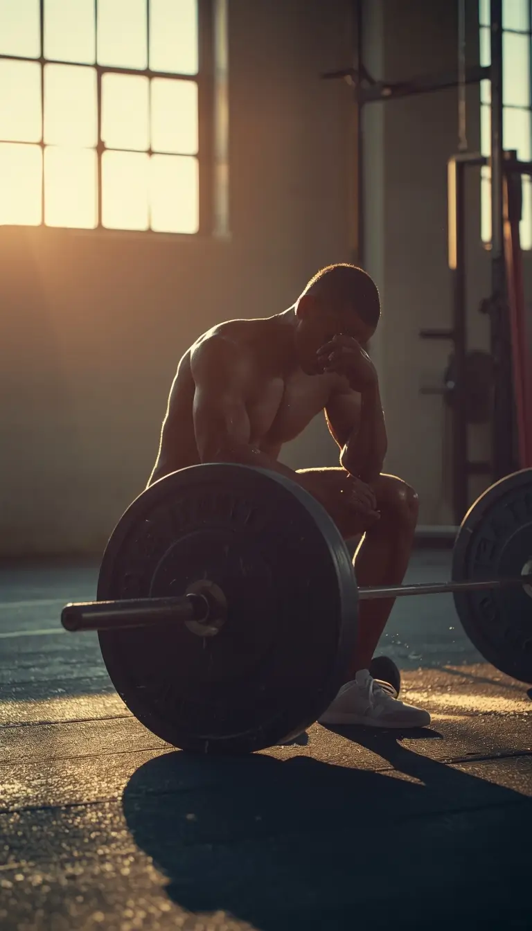 Gym motivational wallpaper showing a focused athlete sitting beside a barbell in a sunlit gym reflecting determination and discipline