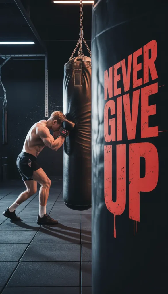 Boxer hitting heavy bag with Never Give Up text, gym-motivational-wallpaper showing strength, grit, and intense training focus