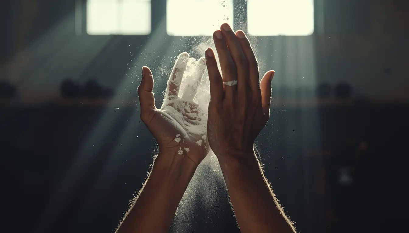Gym motivational wallpaper showing hands clapping chalk in sunlight creating a powerful fitness training atmosphere