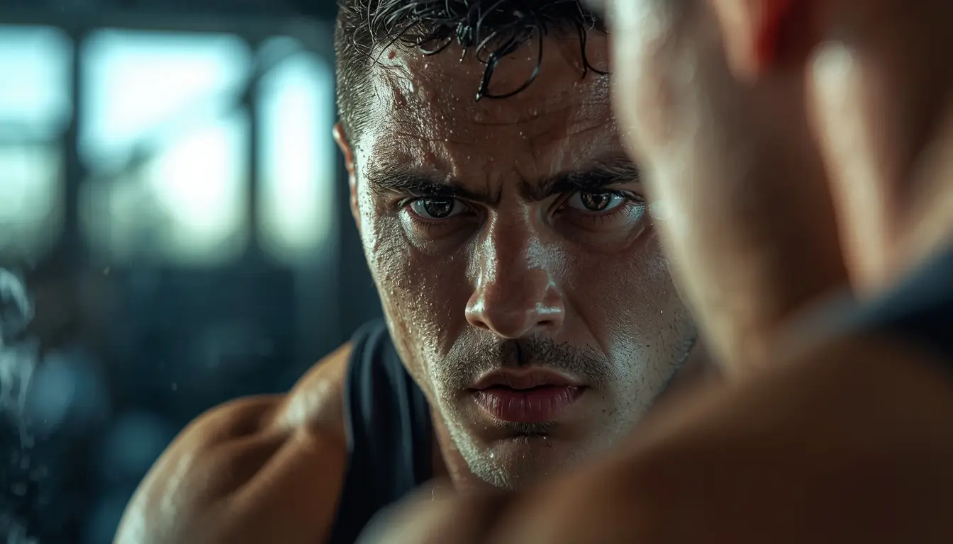 Gym motivational wallpaper showing a close up of a focused sweaty athlete face reflecting determination and workout intensity