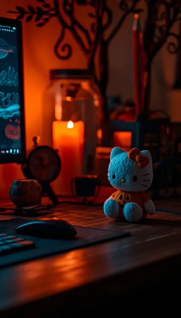 halloween-hello-kitty-wallpaper showing spooky desk setup with candlelight computer screen and cute Hello Kitty plush in Halloween theme