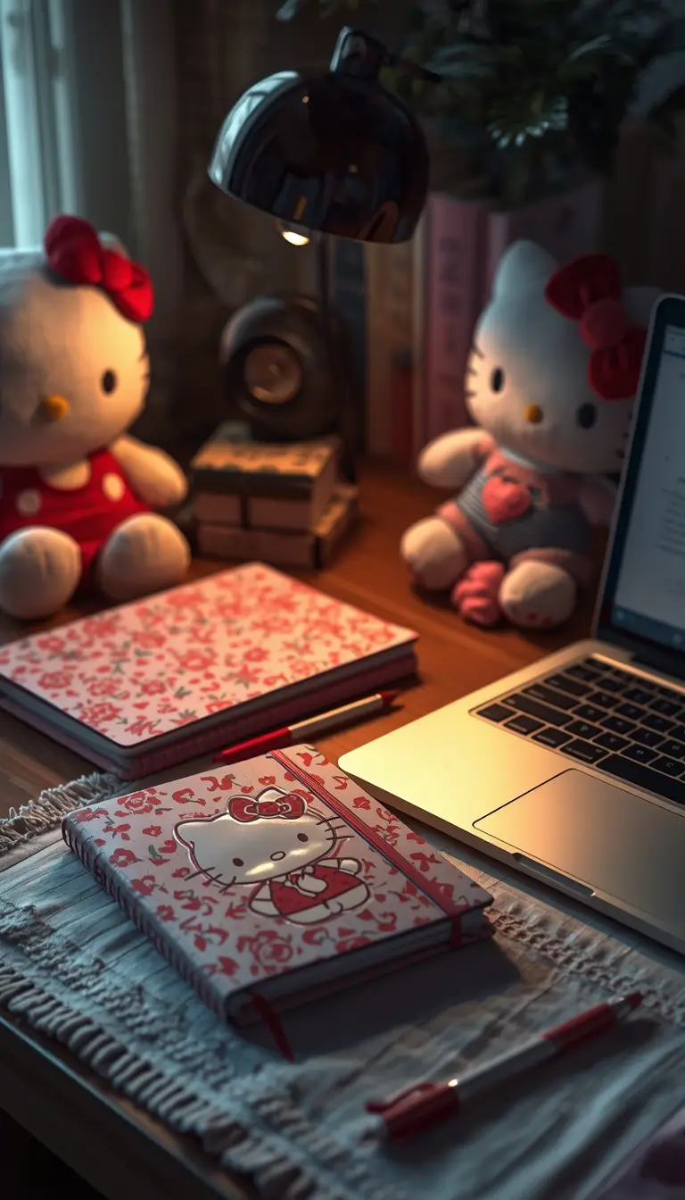 hello-kitty-and-friends-wallpaper showing cozy study desk with Hello Kitty plush toys notebooks lamp and laptop in warm aesthetic lighting