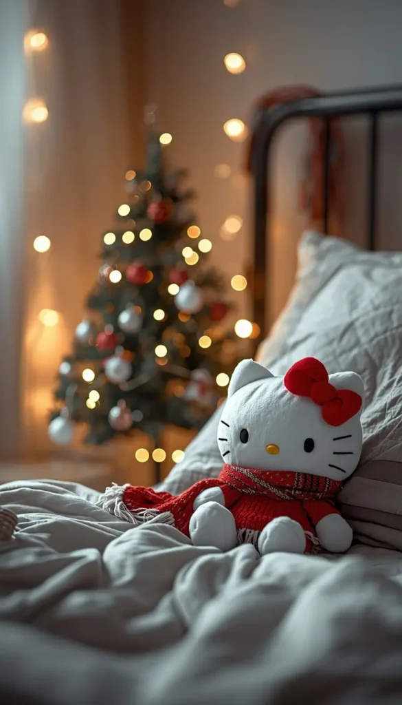hello-kitty-christmas-wallpaper showing Hello Kitty plush with red scarf on cozy bed with glowing Christmas tree lights in background
