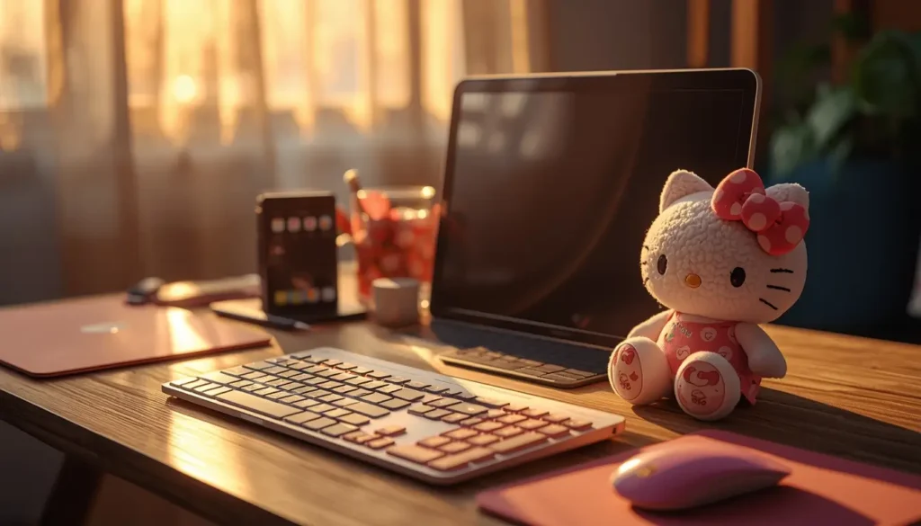hello-kitty-computer-wallpaper showing cozy desk with laptop keyboard mouse and cute Hello Kitty plush in warm sunlight workspace setup