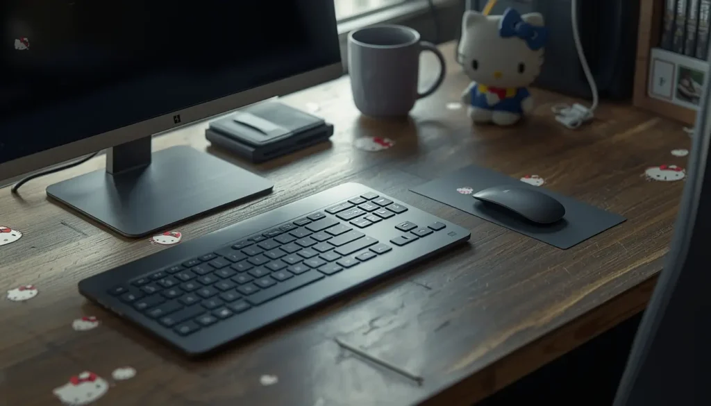 hello-kitty-computer-wallpaper showing aesthetic wooden desk setup with keyboard, monitor and cute Hello Kitty stickers on workspace