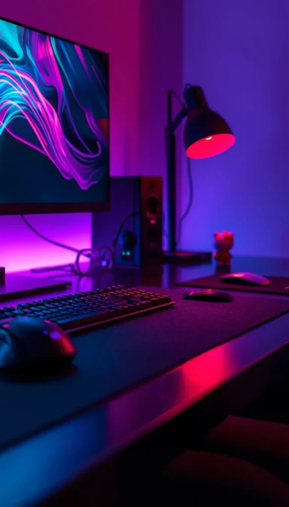 hello-kitty-computer-wallpaper showing neon gaming desk setup with monitor keyboard mouse lamp and small Hello Kitty figure in purple lighting
