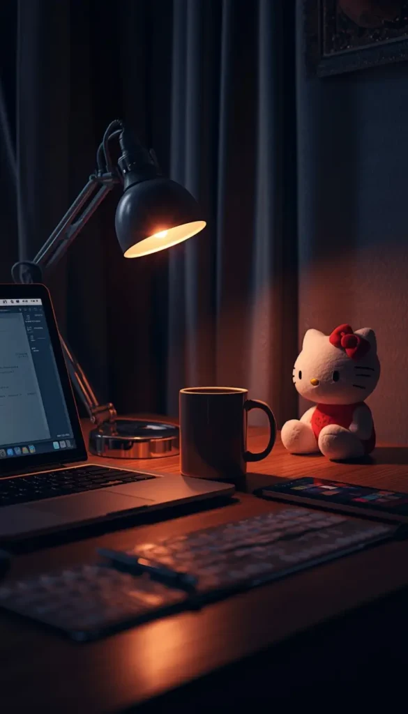 hello-kitty-computer-wallpaper showing cozy night desk with laptop lamp coffee mug and cute Hello Kitty plush in warm lighting