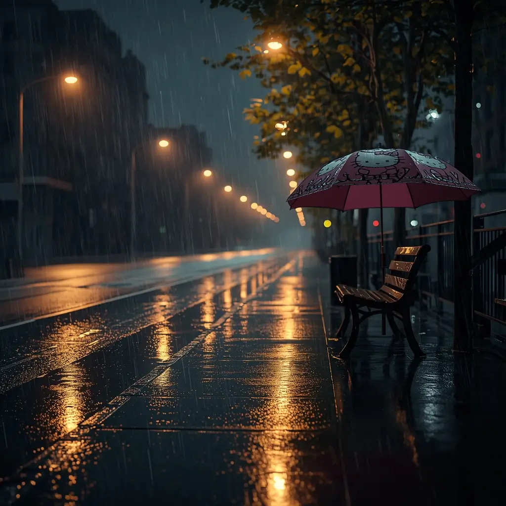 hello-kitty-wallpaper showing a rainy night street with glowing reflections and a Hello Kitty umbrella near a bench under streetlights
