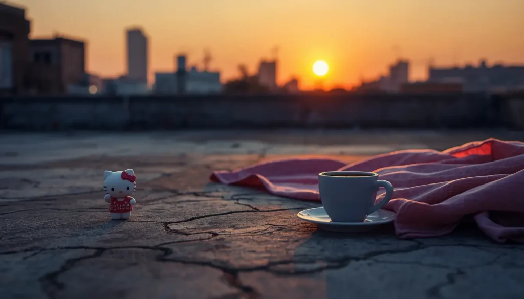 hello-kitty-wallpaper showing a small Hello Kitty figure near a coffee cup on a rooftop during a warm sunset with city skyline background