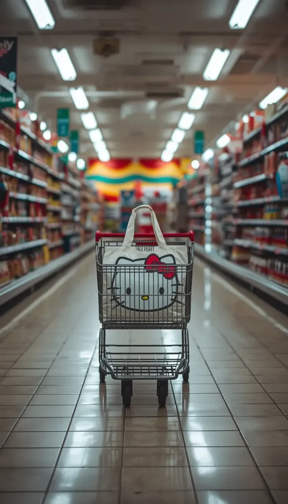 hello-kitty-wallpaper showing a shopping cart with a Hello Kitty tote bag in a bright supermarket aisle with shelves on both sides