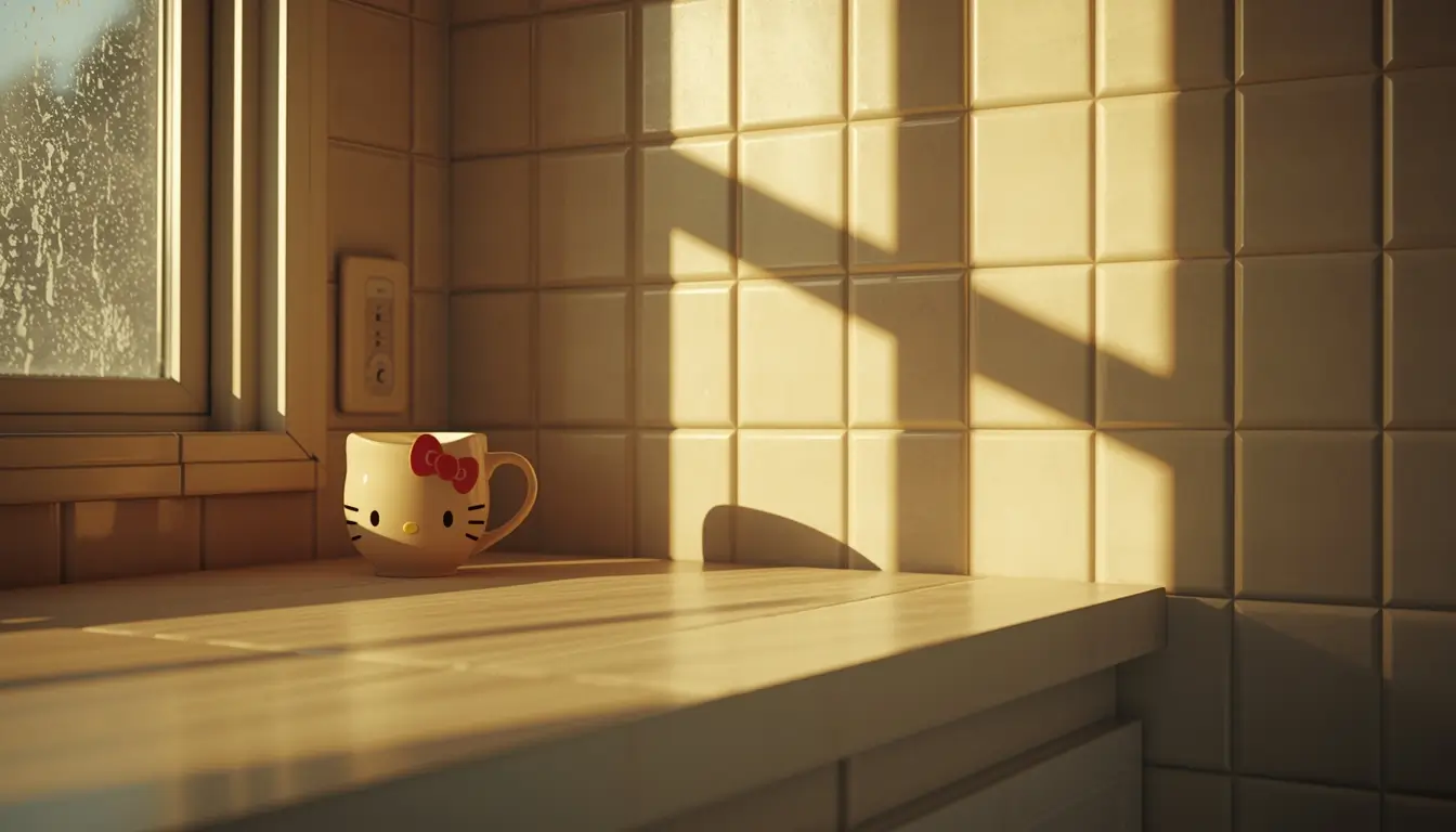 hello-kitty-wallpaper showing a Hello Kitty mug on a kitchen counter with warm morning sunlight and soft window shadows