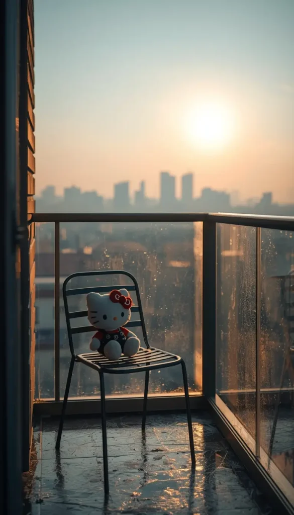 hello-kitty-wallpaper showing a Hello Kitty plush on a chair on a balcony during sunrise with city skyline and warm light