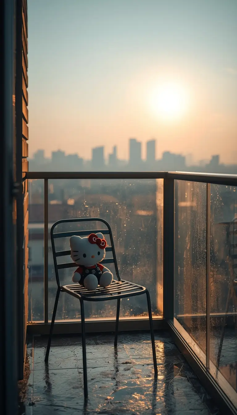 hello-kitty-wallpaper showing a Hello Kitty plush on a chair on a balcony during sunrise with city skyline and warm light