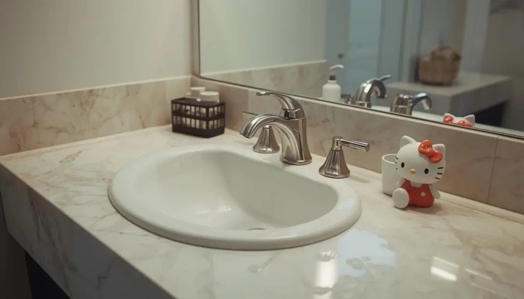 hello-kitty-wallpaper showing a bathroom sink with a small Hello Kitty figure on the counter with clean marble surface and soft lighting