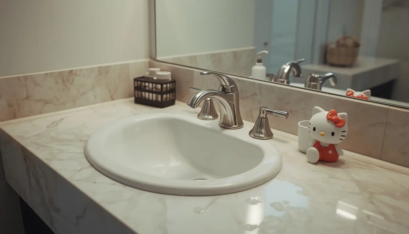 hello-kitty-wallpaper showing a bathroom sink with a small Hello Kitty figure on the counter with clean marble surface and soft lighting