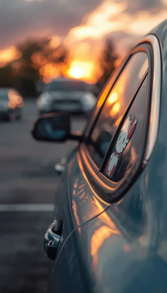hello-kitty-wallpaper showing a car window with Hello Kitty sticker reflecting sunset light in a parking area with blurred cars in background