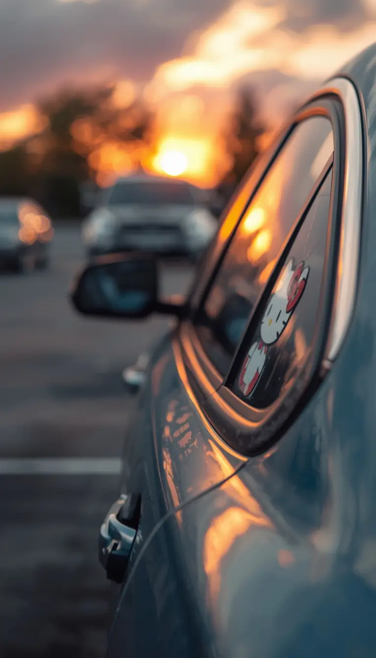 hello-kitty-wallpaper showing a car window with Hello Kitty sticker reflecting sunset light in a parking area with blurred cars in background