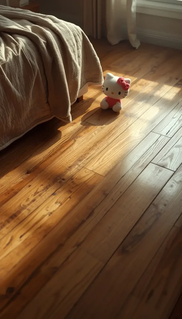 hello-kitty-wallpaper-aesthetic showing a Hello Kitty plush on wooden floor beside a bed with warm sunlight creating cozy shadows