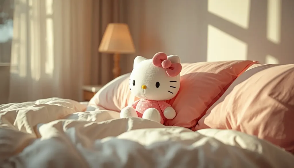 hello-kitty-wallpaper-aesthetic showing cute Hello Kitty plush on cozy bed with pink pillows and soft morning sunlight in calm bedroom setting