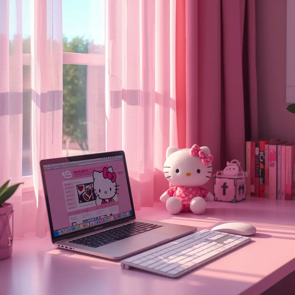hello-kitty-wallpaper-laptop showing pastel pink desk setup with laptop keyboard cute Hello Kitty plush and sunny window background