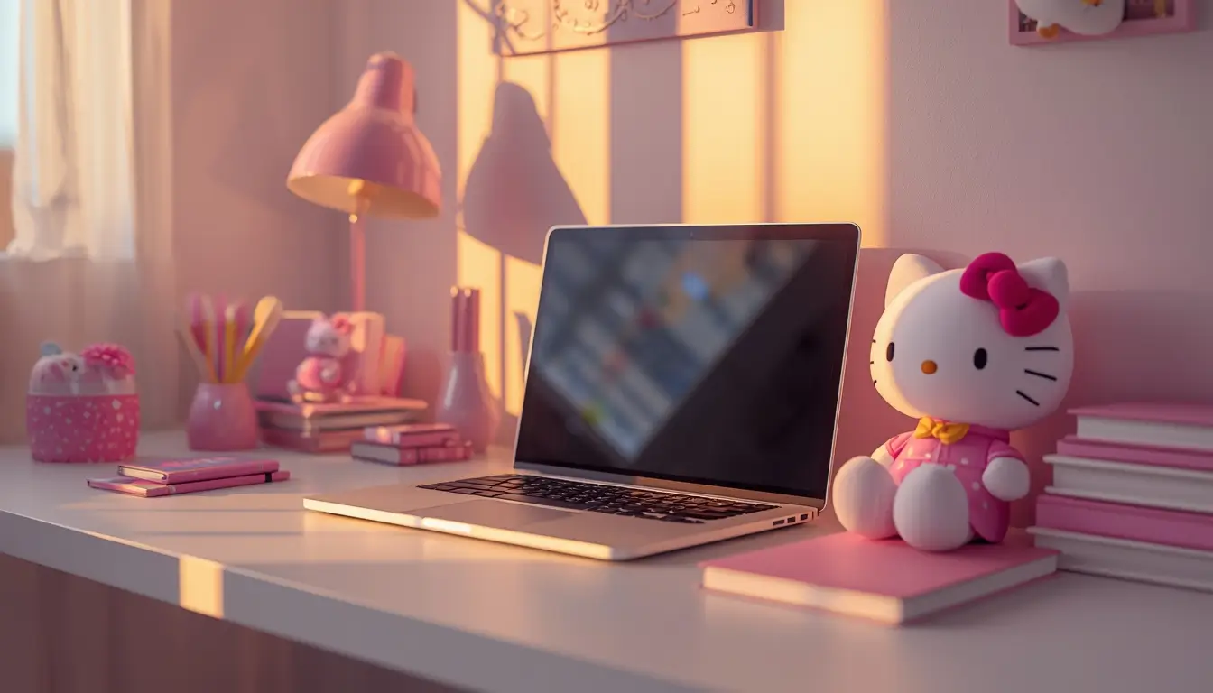 hello-kitty-wallpaper-laptop showing aesthetic pink desk setup with laptop, books, lamp and cute Hello Kitty figure in soft sunlight