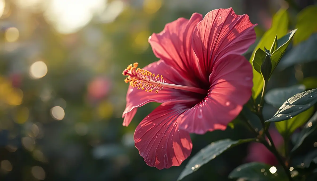 Pink hibiscus flower glowing in warm sunlight beautiful hibiscus flower wallpaper for phone and desktop background